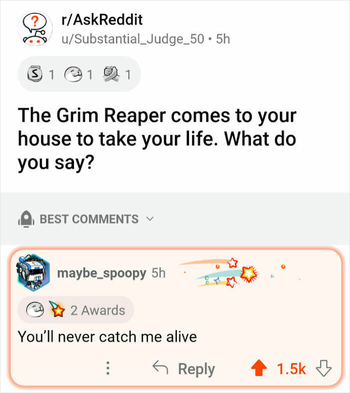 Reddit internet response where user humorously replies to the Grim Reaper with a sharp comeback.