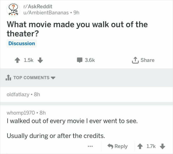 Reddit thread showing internet responses about movies that made users walk out of the theater, highlighting viral internet reactions.