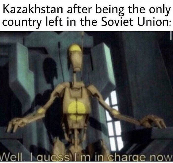 Humorous history meme depicting Kazakhstan as the last Soviet Union country with a robot claiming to be in charge.
