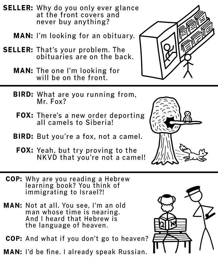 Black and white comic-style history memes featuring dialogue about obituaries, NKVD deportations, and Hebrew language learning.