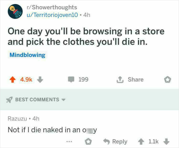 Reddit post from Showerthoughts about browsing store clothes you'll die in with popular internet responses.