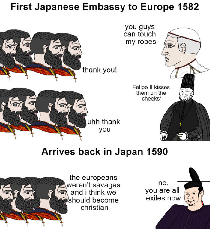 Historical meme depicting the first Japanese embassy to Europe in 1582 and its cultural impact in history lessons.