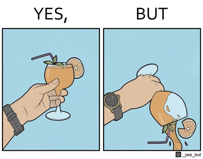 Hand holding a cocktail glass in a “yes, but” comic style by Anton Gudim, showing a spilled drink scenario.