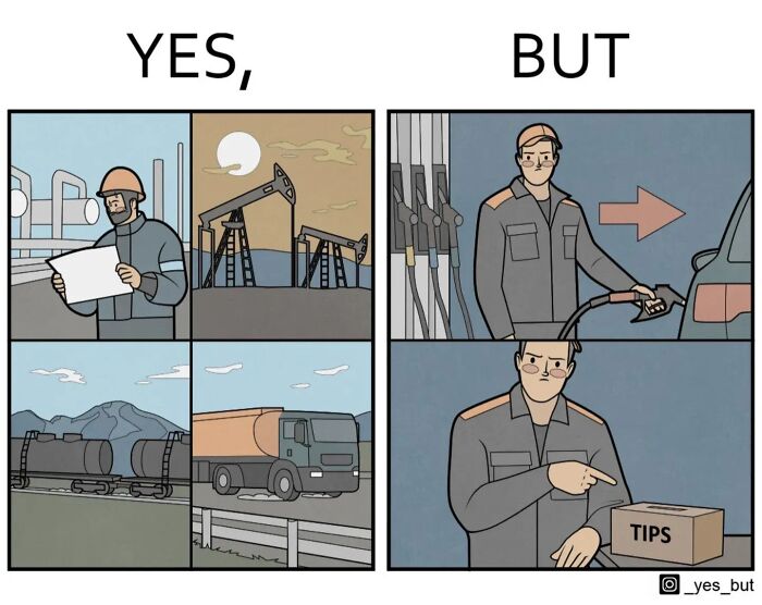 Yes, But comic by Anton Gudim showing oil extraction and a gas station attendant asking for tips.