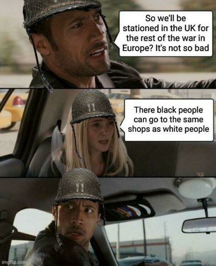 Man and woman wearing WWII helmets in a car discussing historical war and racial segregation in an entertaining meme.