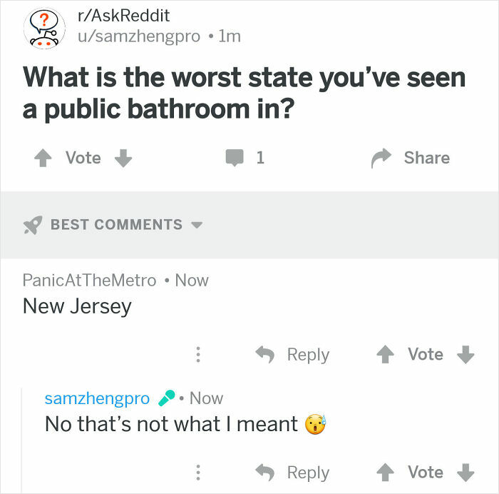Reddit post asking about worst public bathroom state with a witty internet response, included in internet responses collection.