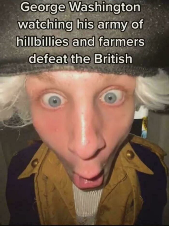 Close-up of a person dressed as George Washington with a surprised expression, illustrating entertaining history memes.
