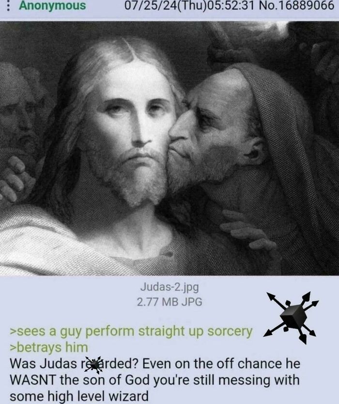 Black and white meme of Judas betraying Jesus with humorous text about history lessons and entertaining memes.