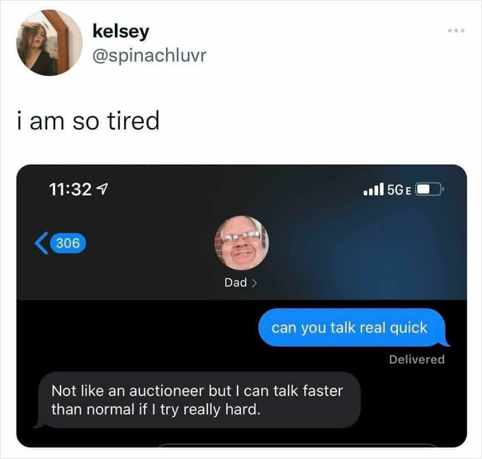 Text message conversation showing a humorous internet response from a dad about talking faster.