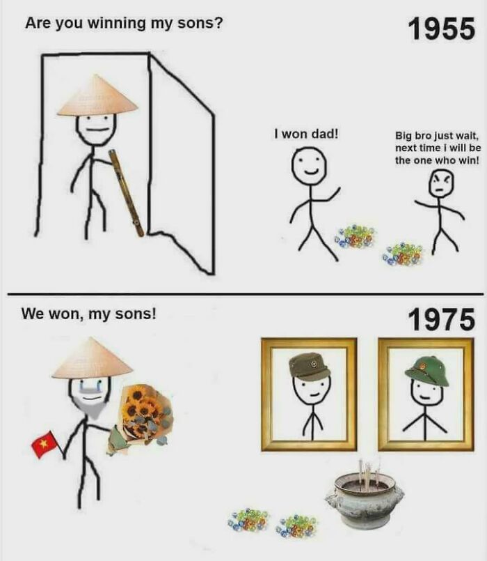 Stick figure meme showing a father and sons in 1955 and 1975 with a Vietnam War reference in history memes.
