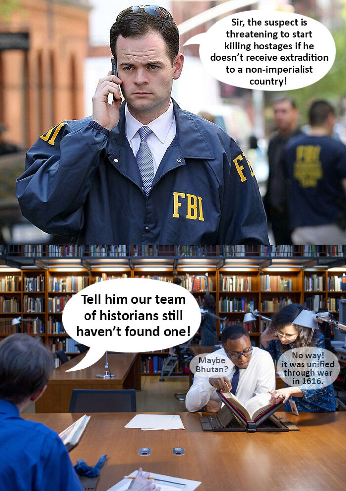 FBI agent on phone and historians debating in a library in a history memes about entertaining history lessons.