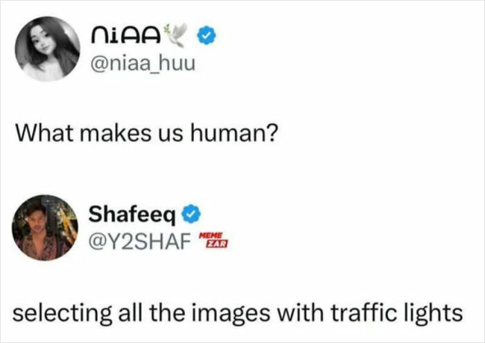 Screenshot of a viral internet response meme about selecting images with traffic lights in human behavior context.