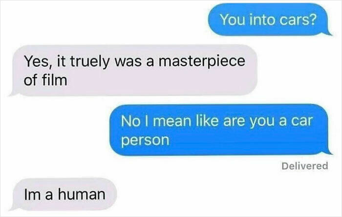 Text message exchange with witty internet responses about cars, showcasing sharp and humorous internet replies.