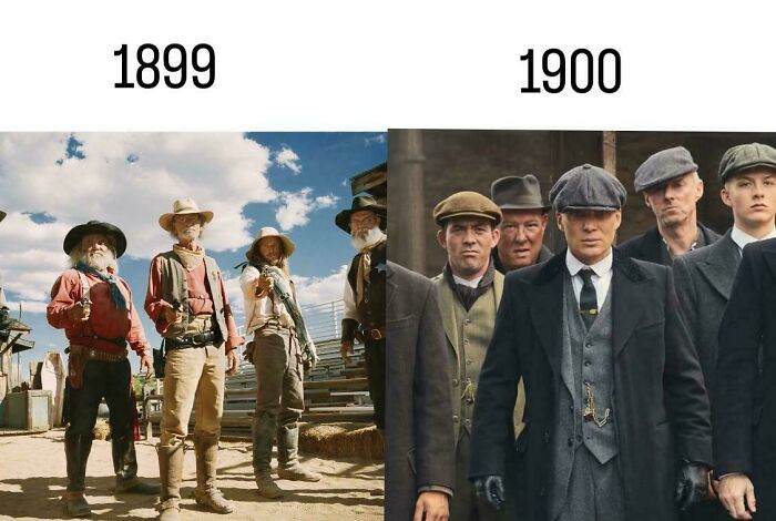 Group of men dressed in 1899 cowboy and 1900s gangster outfits illustrating entertaining history memes comparison.