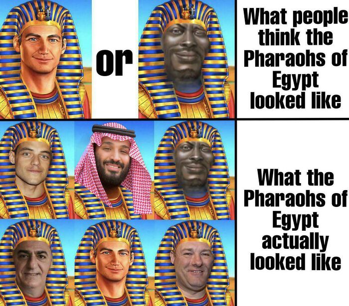 Humorous history meme comparing perceptions versus reality of Pharaohs of Egypt's appearance.