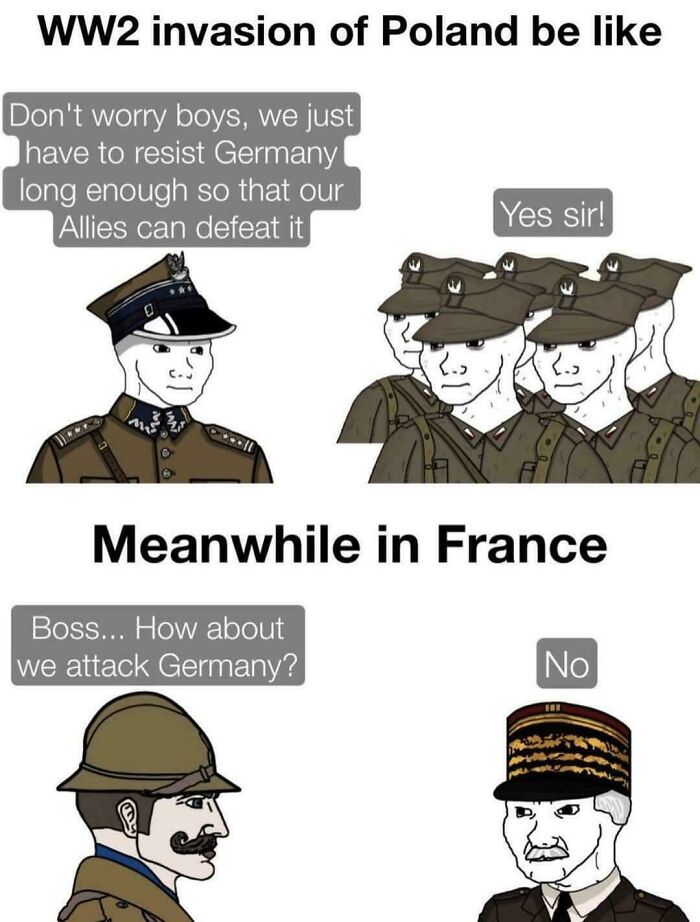 WW2 invasion of Poland meme illustrating history lessons with humorous military dialogue and soldiers in uniform.