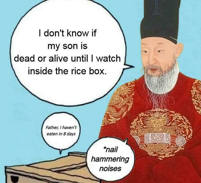 Historical meme showing a traditional figure talking about watching inside a rice box with humorous text.
