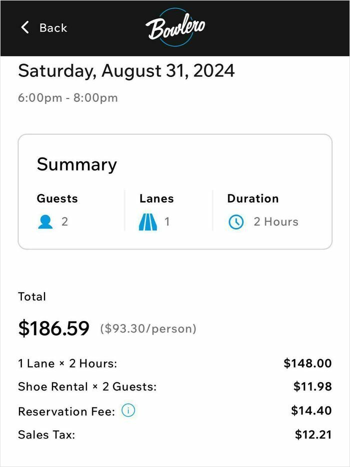 Bowling reservation receipt showing a high total with fees including reservation and shoe rental charges.