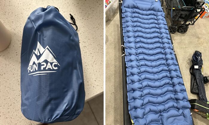 Portable blue camping sleeping pad in a carrying bag, demonstrating essential camping hacks for the great outdoors.