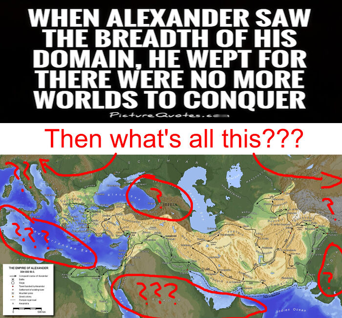 Humorous history meme about Alexander the Great with an ancient map and red question marks.