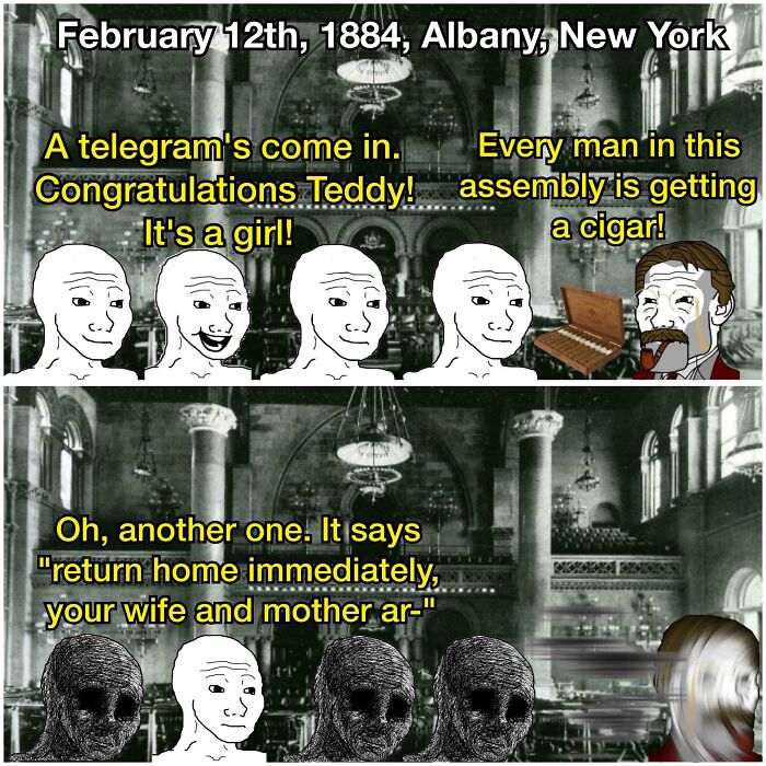 Historic meme depicting 1884 Albany assembly humorously reacting to telegrams with entertaining history lesson vibes.