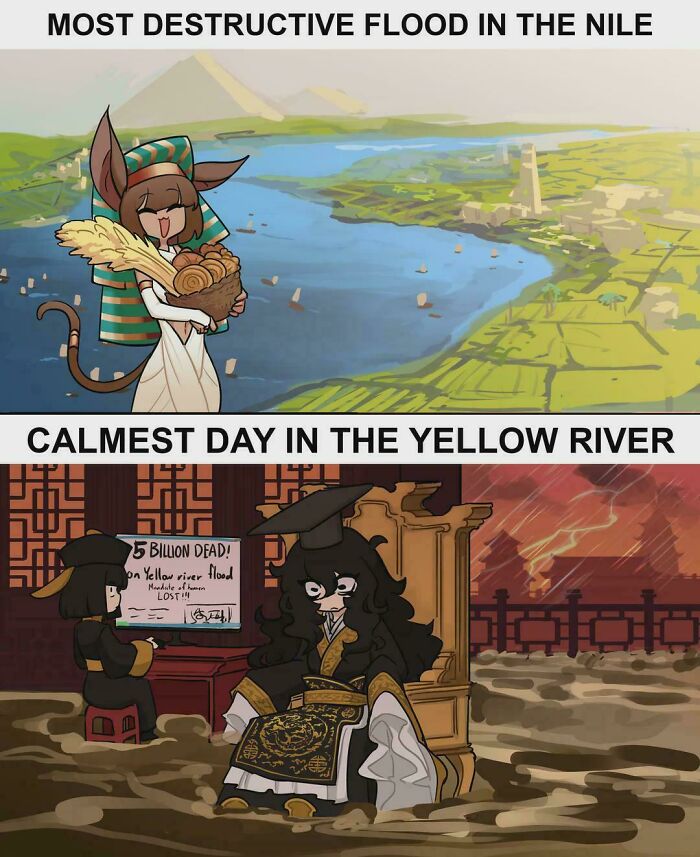 Cartoon memes depicting the most destructive Nile flood and the calmest day in the Yellow River in history lessons.