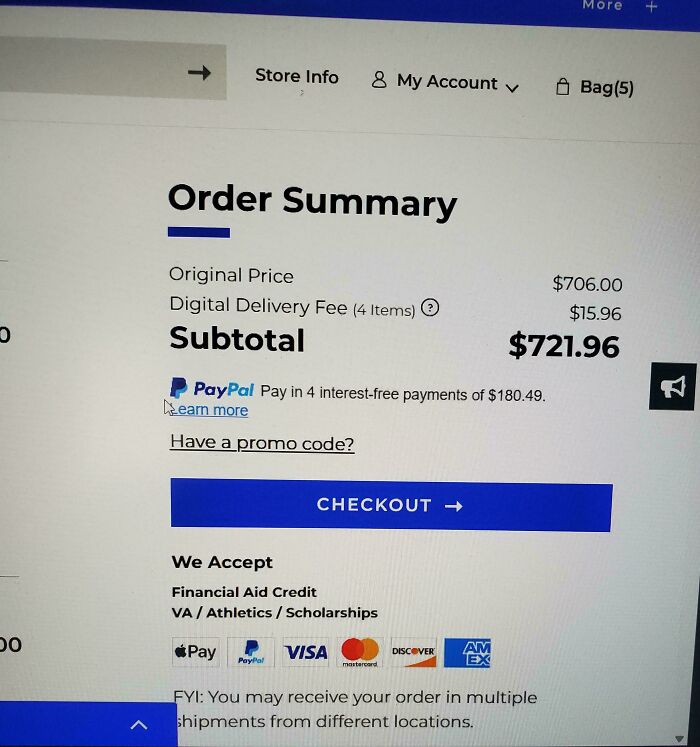 Order summary showing a digital delivery fee added to the subtotal, illustrating ridiculous fees people are mad about.