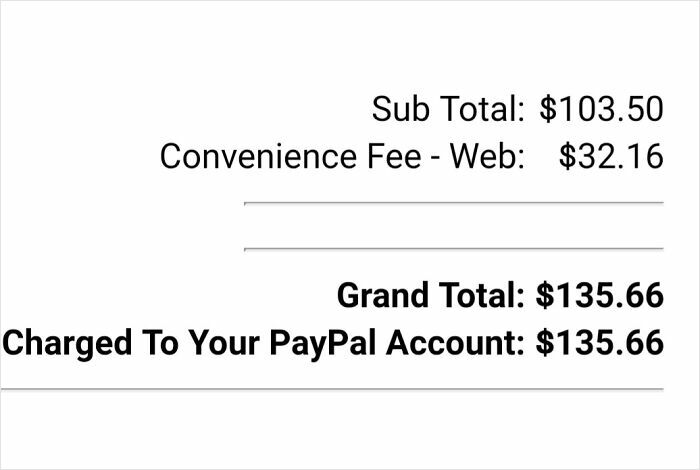 Receipt showing a $32.16 convenience fee added to a $103.50 subtotal, illustrating ridiculous fees people were mad about.