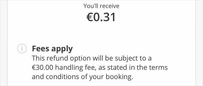 Refund notification showing a €30 handling fee, illustrating ridiculous fees people had every right to be mad about.
