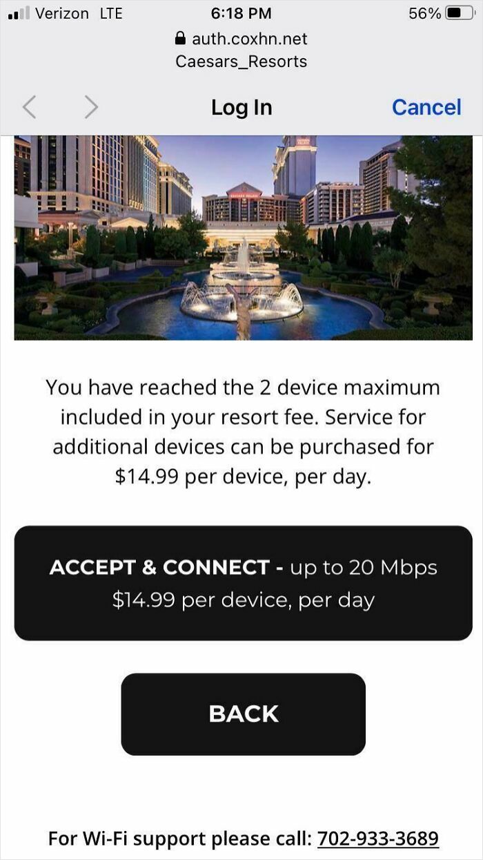 Resort fee Wi-Fi charge warning showing extra device fees at Caesars Resorts, highlighting ridiculous fees to be mad about.