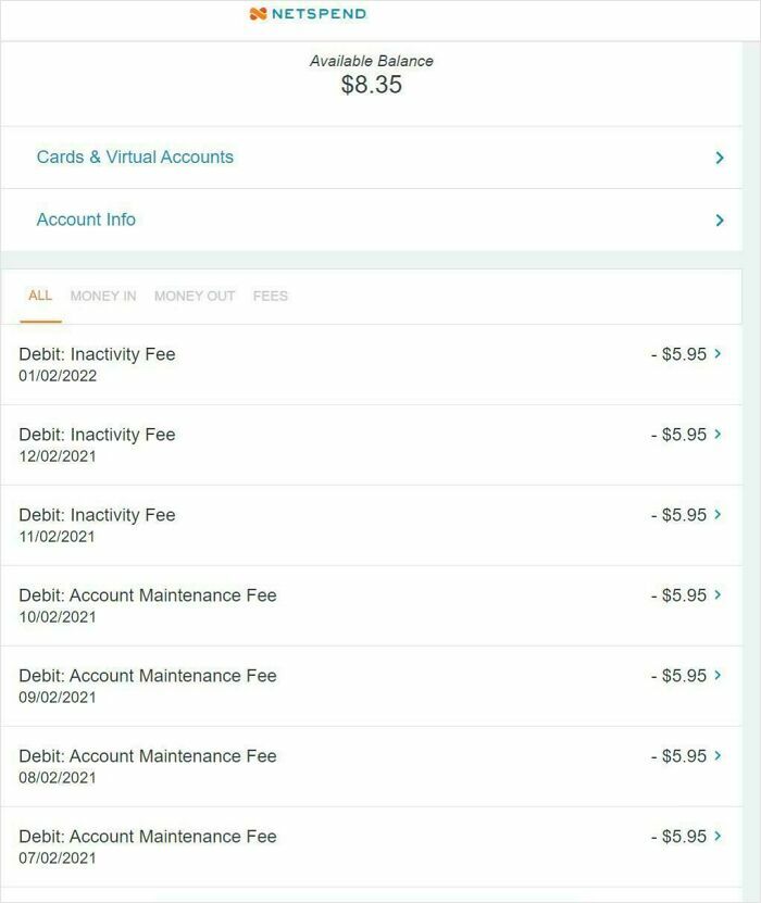 Netspend account showing multiple ridiculous fees like inactivity and maintenance fees debited from a low balance.