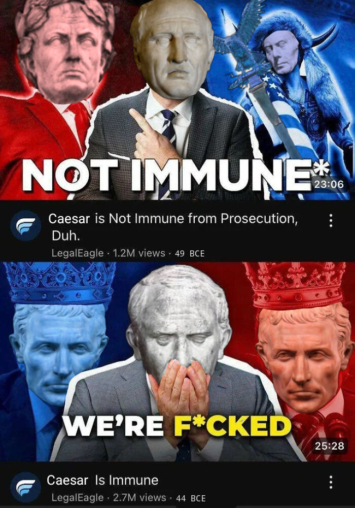 Meme collage featuring historical statues with humorous captions about Caesar and prosecution in entertaining history memes.