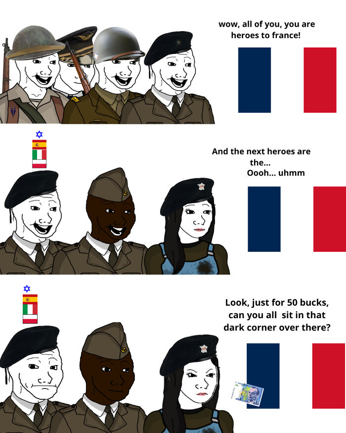 Comic style history meme showing diverse WWII soldiers and commentary on recognition, highlighting entertaining history lessons memes.