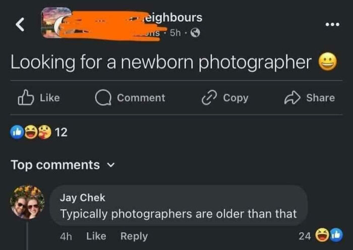 Screenshot of an internet response asking for a newborn photographer with a witty comment, hitting hard online.
