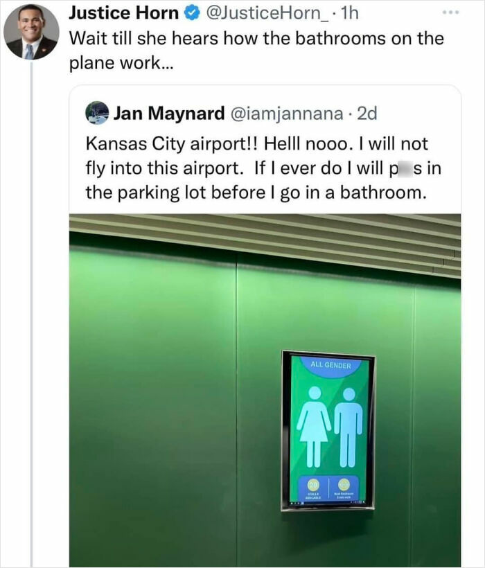 Social media post reacting to Kansas City airport’s all-gender bathroom sign among internet responses that hit hard.