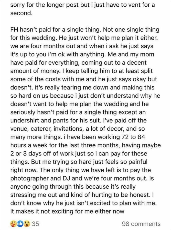 Screenshot of a groom showing entitlement by refusing to pay or help plan his wedding, causing stress for his partner.