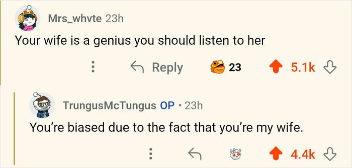 Screenshot of internet responses with witty banter between two users, featuring high upvotes and humorous remarks.