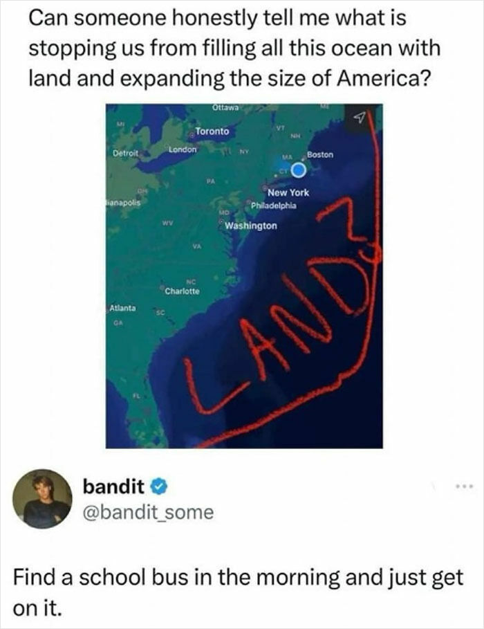 Map showing US east coast with ocean outlined in red labeled LAND, with humorous internet response about expanding land.