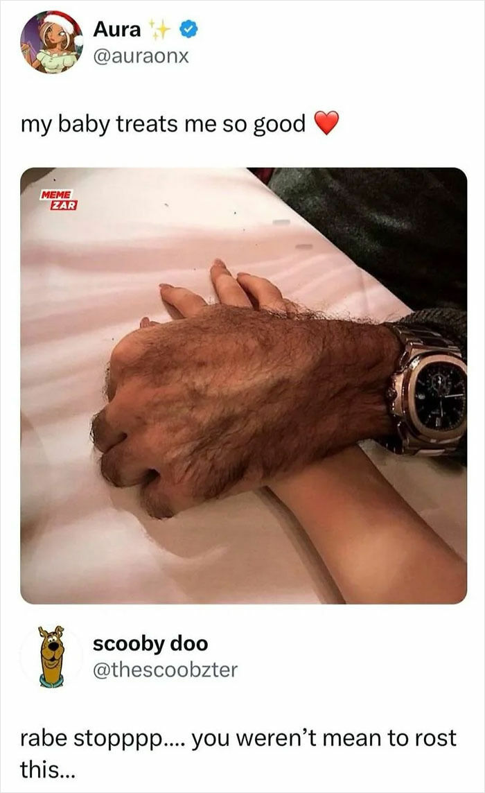 Tweet showing a humorous internet response with a couple holding hands, highlighting viral internet responses.