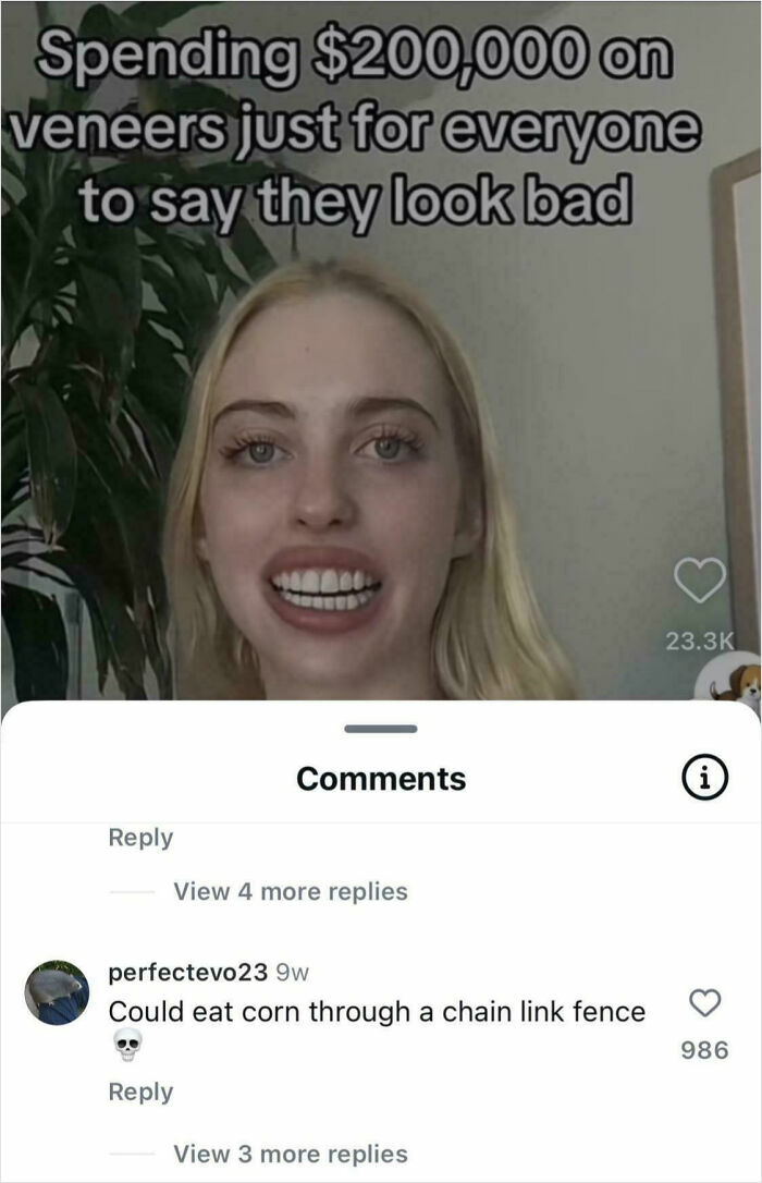 Woman with veneers and caption about spending $200,000 with internet responses in the comments section visible