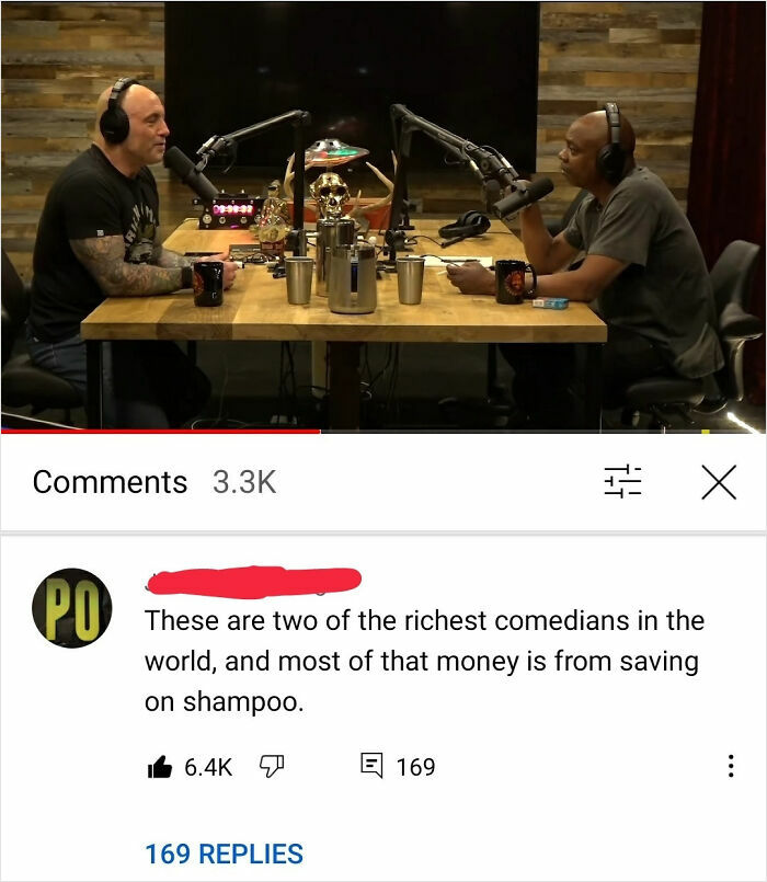 Two comedians recording a podcast in a studio, with 3.3K comments and a popular internet response displayed below.