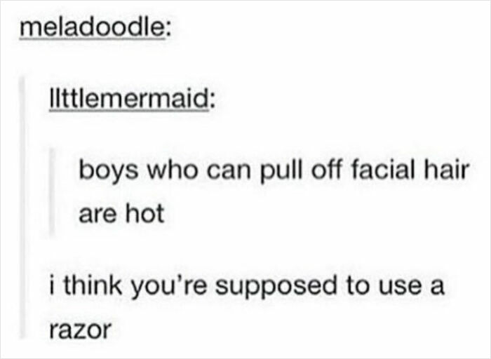 Text message exchange humorously discussing boys with facial hair and the joke about using a razor, internet responses.