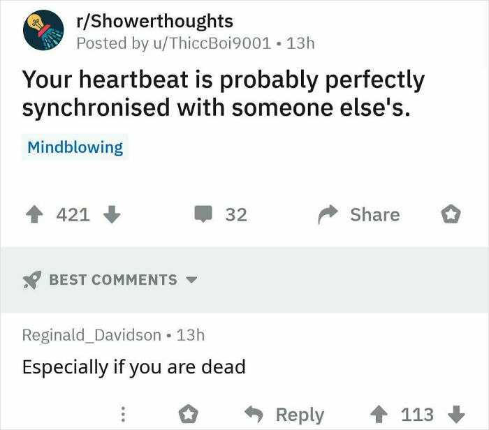 Reddit post from r/Showerthoughts with a witty internet response about heartbeats and synchronization.