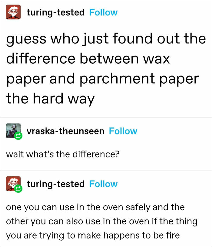 Tumblr post showing internet responses about the difference between wax paper and parchment paper, part of internet responses collection.