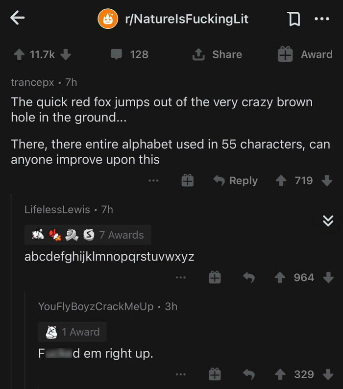 Reddit thread showing internet responses with witty replies using the entire alphabet in 55 characters.