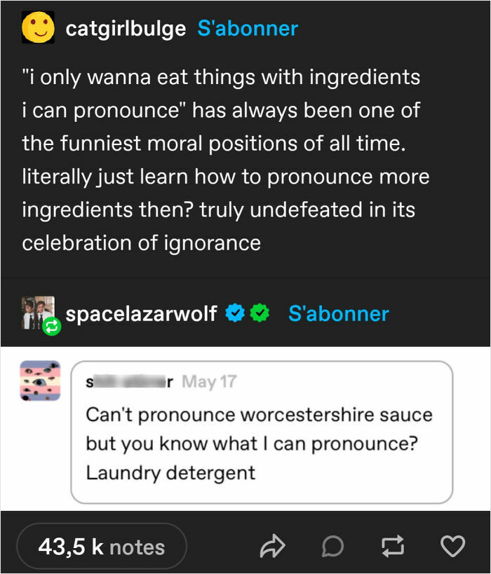 Internet responses discussing food ingredient pronunciation and witty comebacks in viral social media replies.