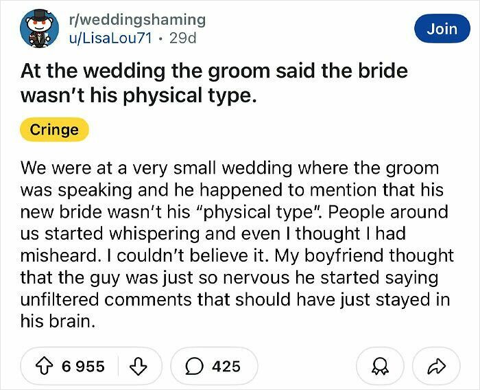 Reddit post from r/weddingshaming sharing a story exposing a groom's sense of entitlement at a small wedding speech.