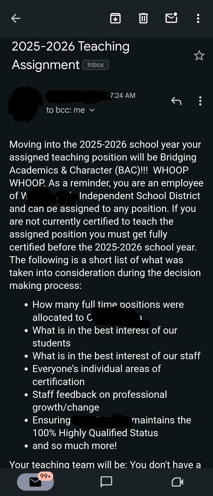 Email about 2025-2026 teaching assignment in an independent school district, highlighting school staffing transparency.