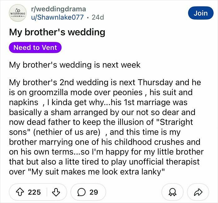 Reddit post discussing a groom's entitled behavior and groomzilla mode over wedding details before his second wedding.