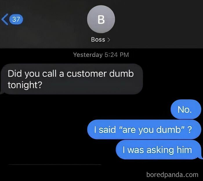 Text message exchange about calling a customer dumb, featuring relatable chef memes humor in a dark mode chat interface.